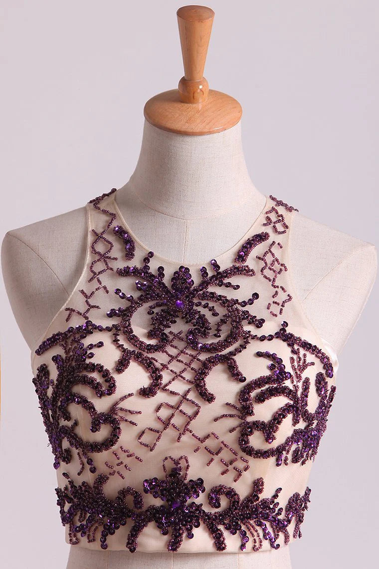 Two Pieces A Line Scoop Beaded Bodice Party Dresses Satin & Tulle Sweep Train Grape